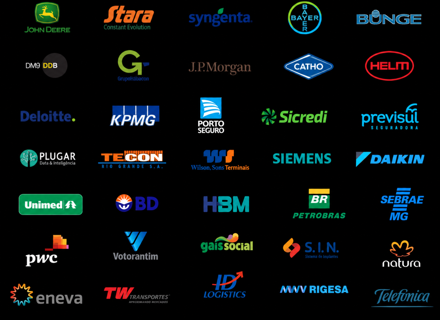 Empresas atendidas: John Deere, Stara, Syngenta, Bayer, Bunge, DM9 DDB, Grupo Habacon, J.P. Morgan, Catho, Helm, Deloitte, KPMG, Porto Seguro, Sicredi, Previsul, Plugar, Tecon Rio Grande, Wilson Sons, Siemens, Daikin, Unimed, Banco do Brasil, HBM, Petrobras, Sebrae Minas Gerais, PwC, Votorantim, Gais Social, SIN Sistema de Implantes, Natura, Eneva, TW Transportes, JP Logistics, Rigesa e Telefônica